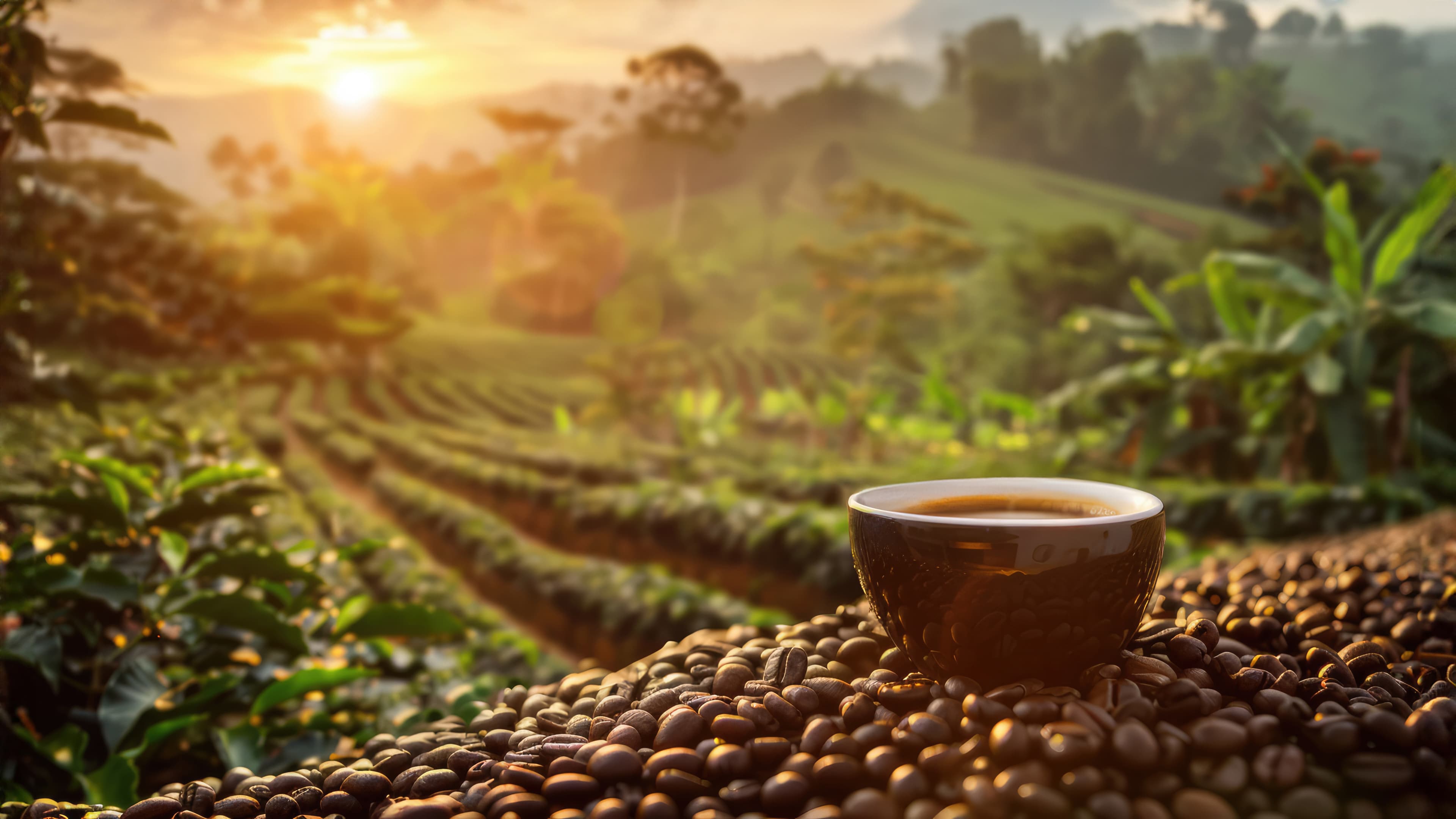 Kaffeebett mit Tasse und Kaffeefeldern im Hintergrund
